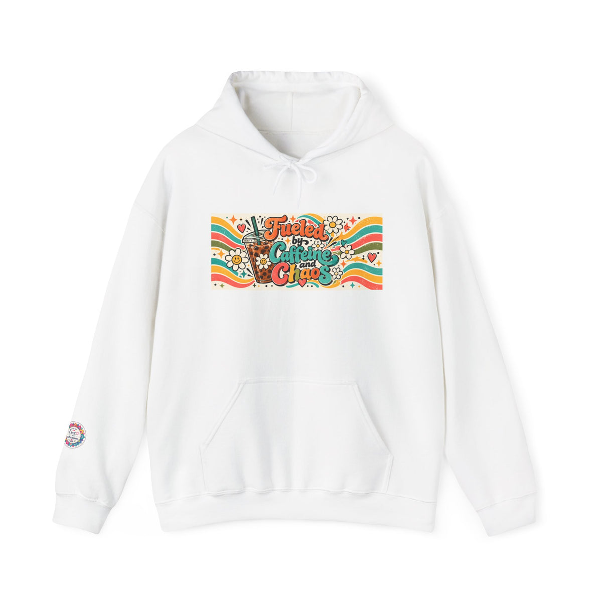 “Fueled by Caffeine and Chaos” Retro Foodie Graphic Hoodie for Teachers, Moms, Leaders, Chaos Coordinators
