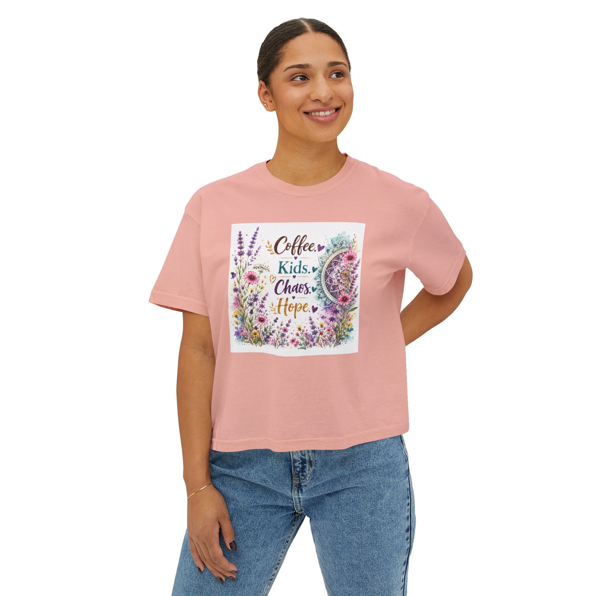 Women’s Boxy Tee — “Coffee, Kids, Chaos, Hope” Floral Graphic