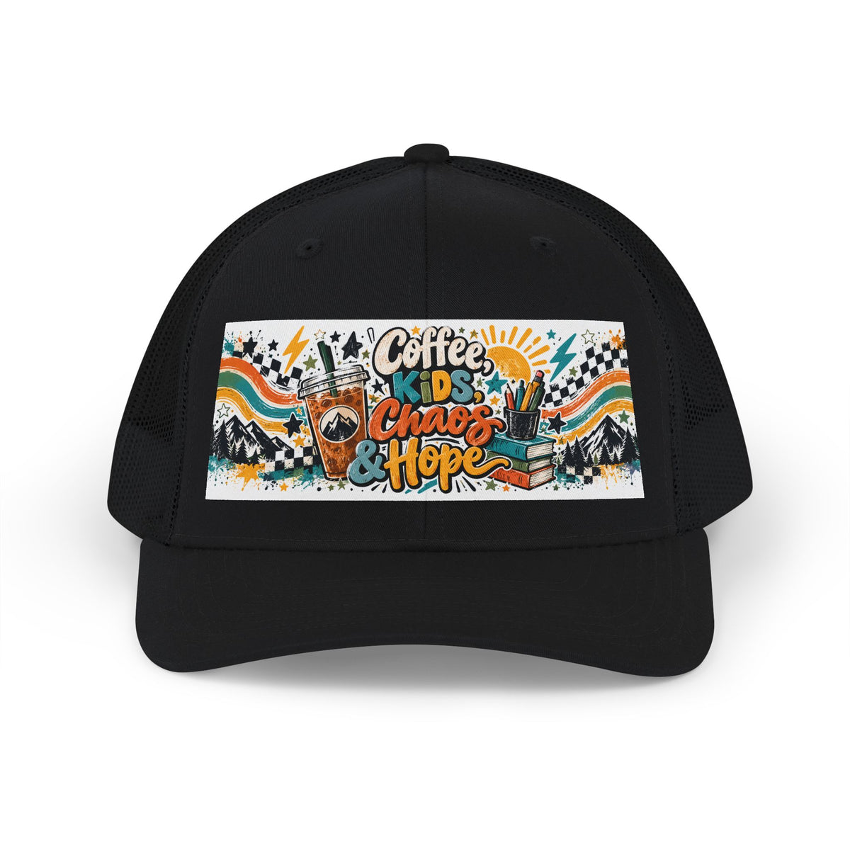 Coffee, Kids, Chaos & Hope Snapback Trucker Cap — Retro Camping Vibes