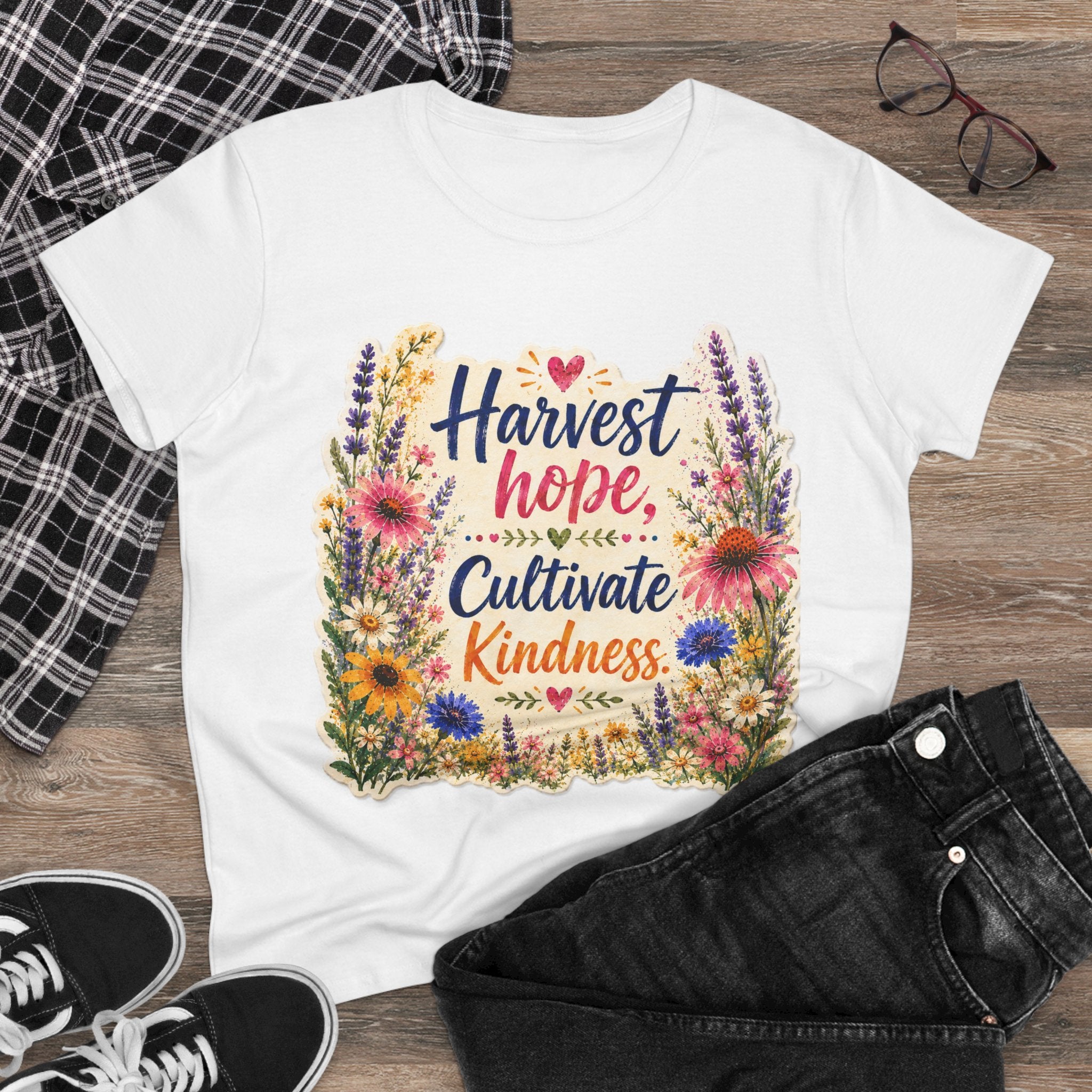 Women’s Tee - "Harvest Hope, Cultivate Kindness" Floral Inspirational Shirt
