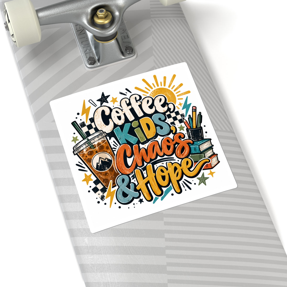 Coffee Kids Chaos & Hope Square Sticker — Bright Teacher/Coach/Parent Laptop Decal