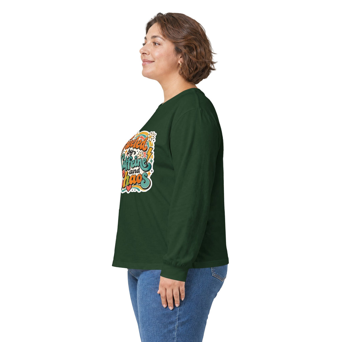 Fueled by Caffeine and Chaos Long Sleeve Tee for Teachers, Leaders, Moms, Chaos Coordinators