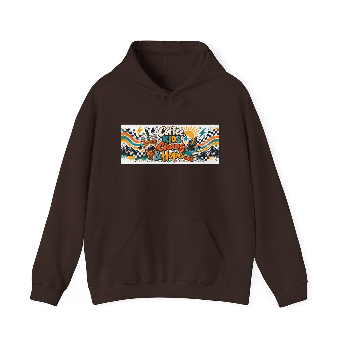 Coffee, Kids, Chaos & Hope Hoodie — Men/Women/, Teacher, Coach, Dad/Parent Retro Doodle Graphic Pullover
