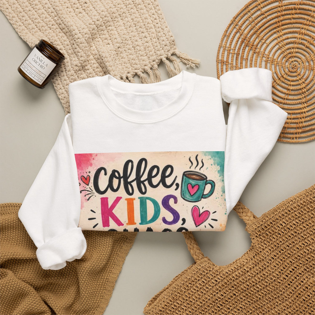 Coffee, Kids, Chaos & Hope Crewneck Sweatshirt — Colorful Educator/Counselor/Mom Life Pullover