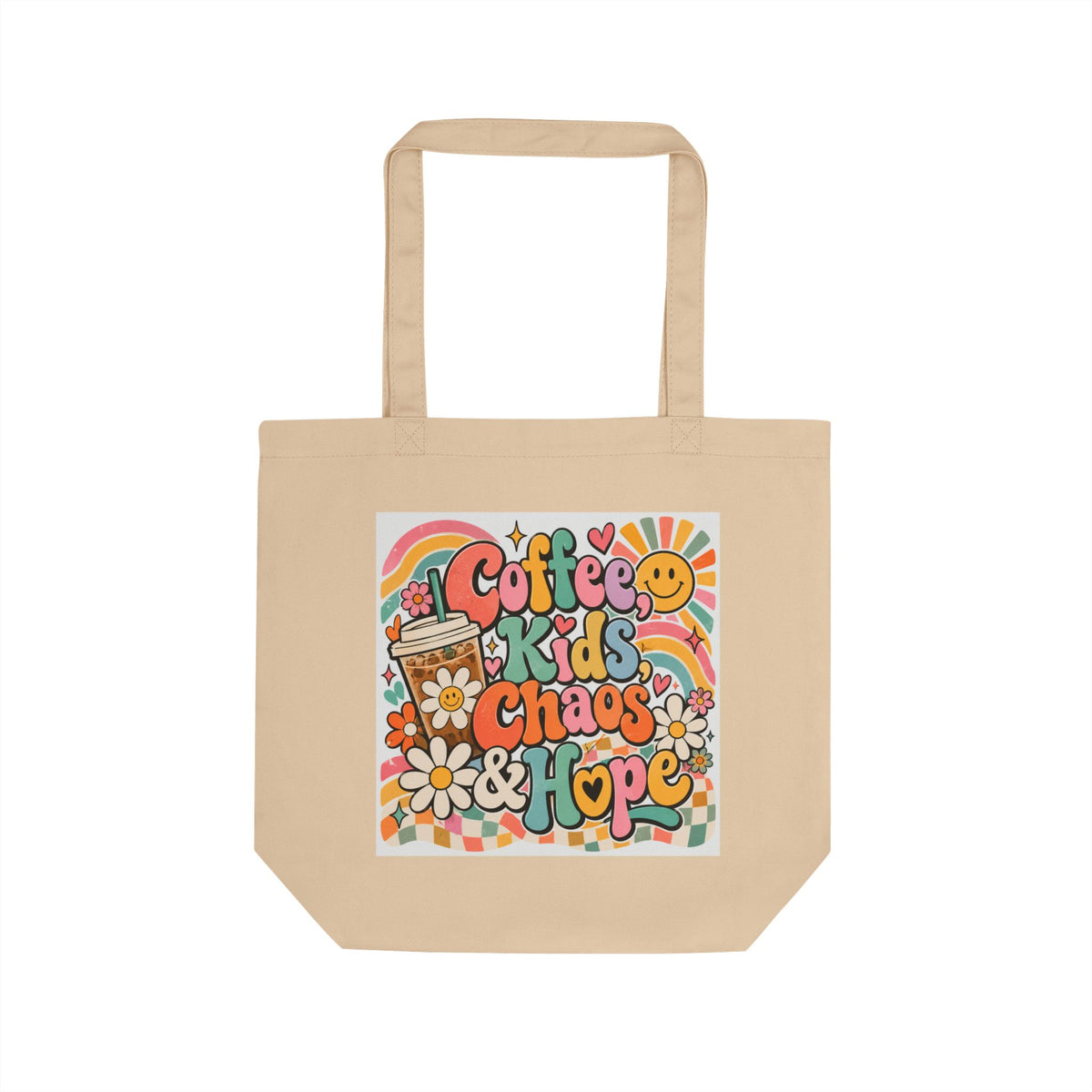 Coffee Kids Chaos & Hope Tote Bag — Retro Floral Eco Canvas Shopper