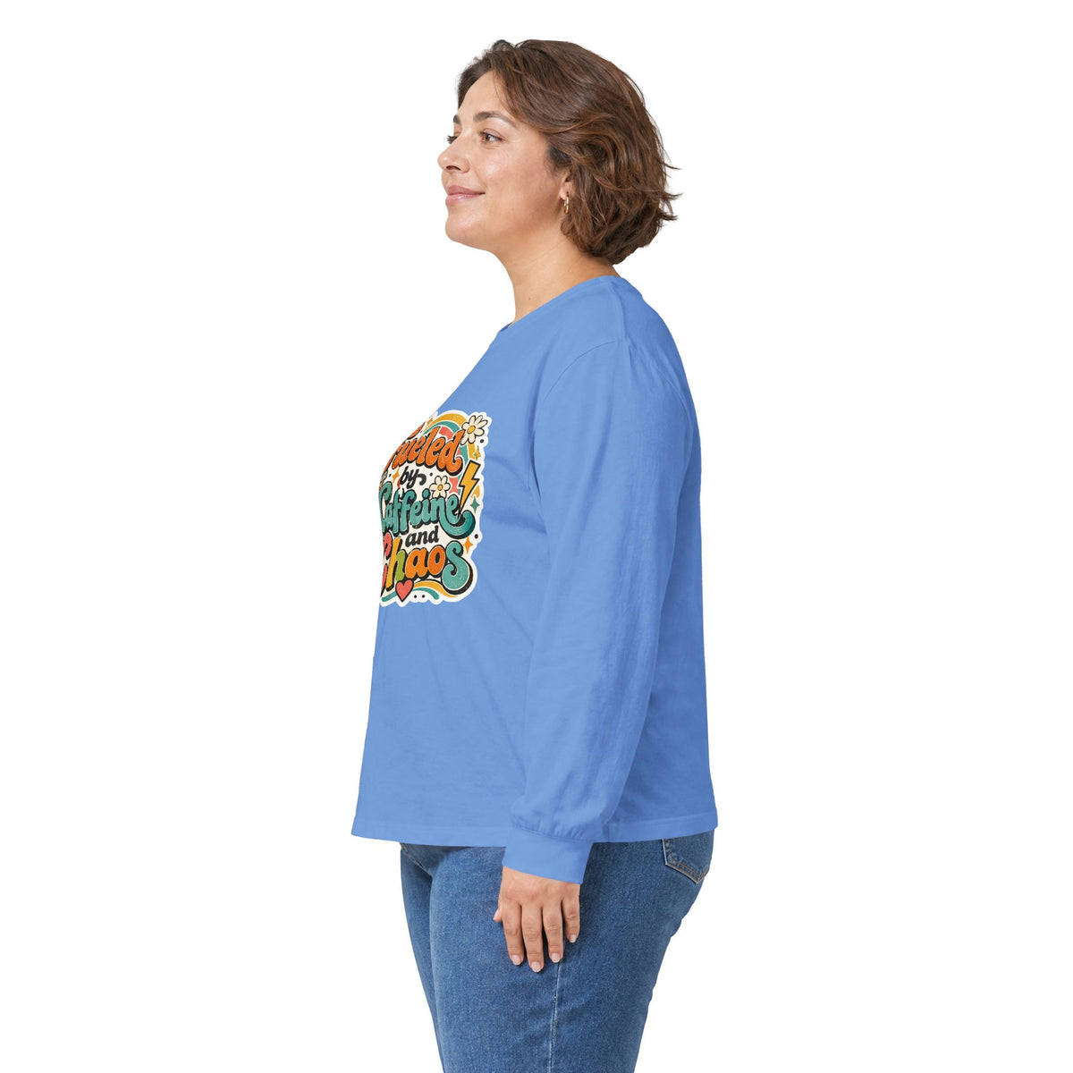 Fueled by Caffeine and Chaos Long Sleeve Tee for Teachers, Leaders, Moms, Chaos Coordinators
