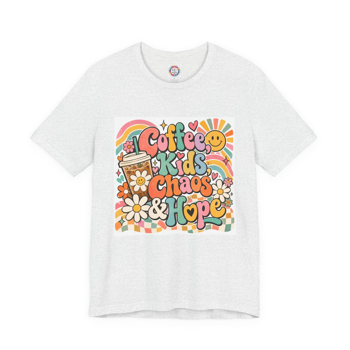 Coffee, Kids, Chaos & Hope Graphic Tee — Retro Floral Teacher/Counselor/School staff/Mom Shirt