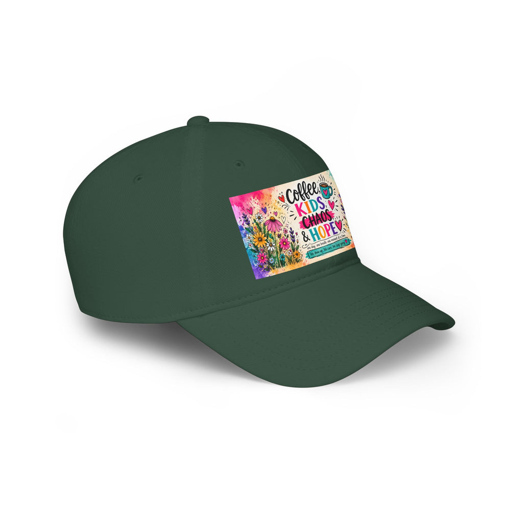 Low Profile Baseball Cap — "Coffee, Kids, Chaos & Hope" Colorful Floral Design