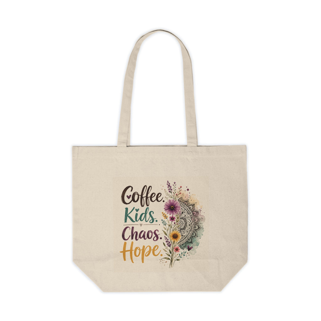Canvas Tote Bag — “Coffee. Kids. Chaos. Hope.” Floral Boho Teacher & Mom Grocery Shopper