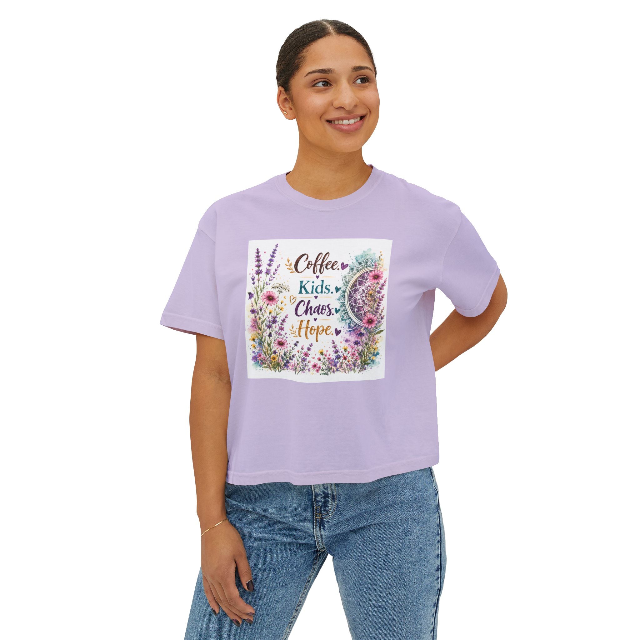 Women’s Boxy Tee — “Coffee, Kids, Chaos, Hope” Floral Graphic