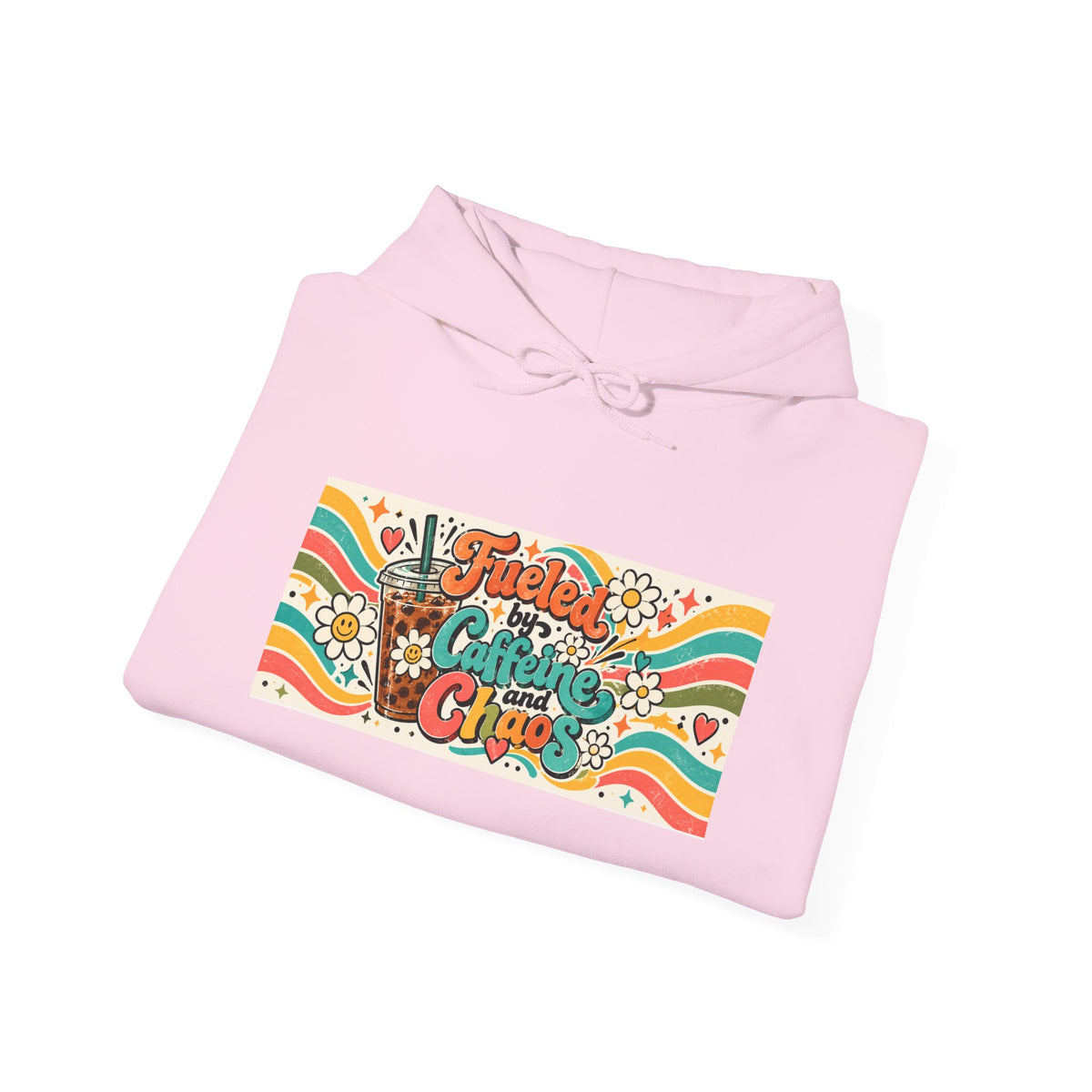 “Fueled by Caffeine and Chaos” Retro Foodie Graphic Hoodie for Teachers, Moms, Leaders, Chaos Coordinators