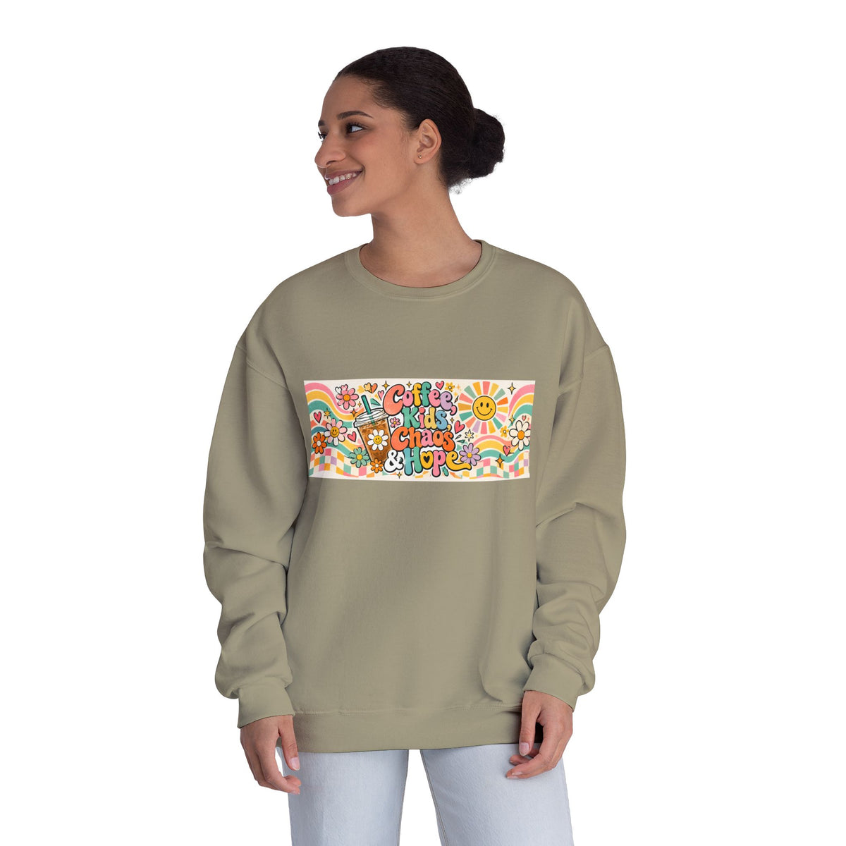 Coffee, Kiddos, Chaos & Hope Crewneck Sweatshirt, Teacher/School Staff/Mom Gift
