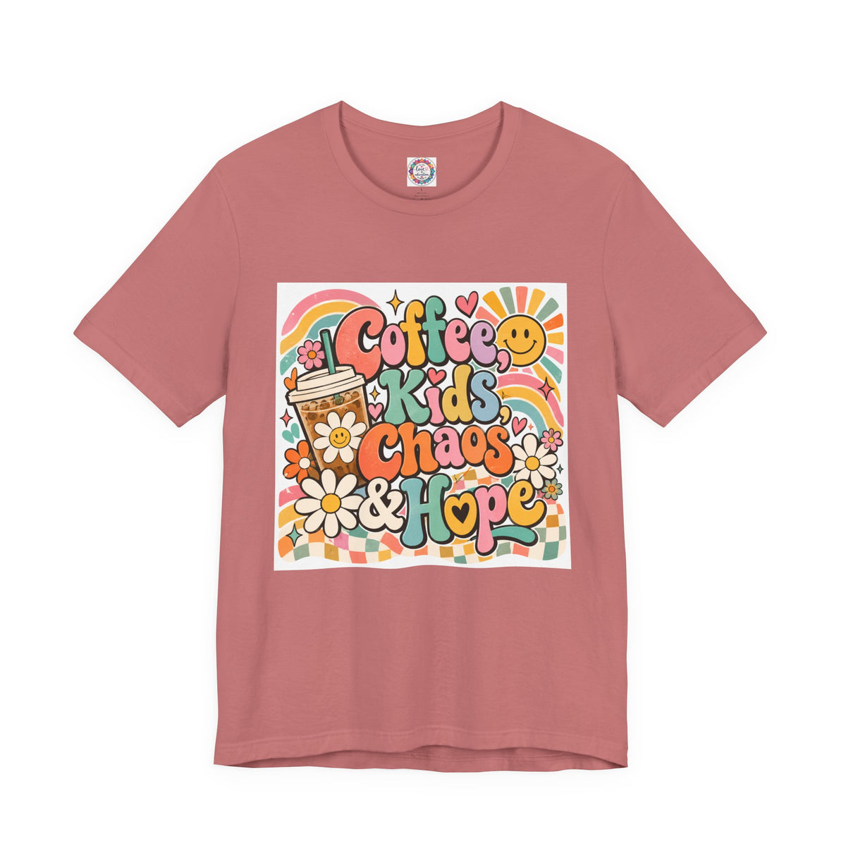 Coffee, Kids, Chaos & Hope Graphic Tee — Retro Floral Teacher/Counselor/School staff/Mom Shirt