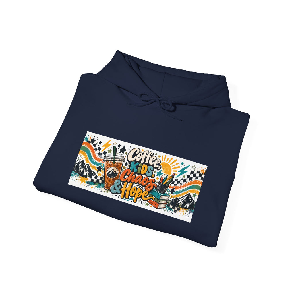 Coffee, Kids, Chaos & Hope Hoodie — Men/Women/, Teacher, Coach, Dad/Parent Retro Doodle Graphic Pullover