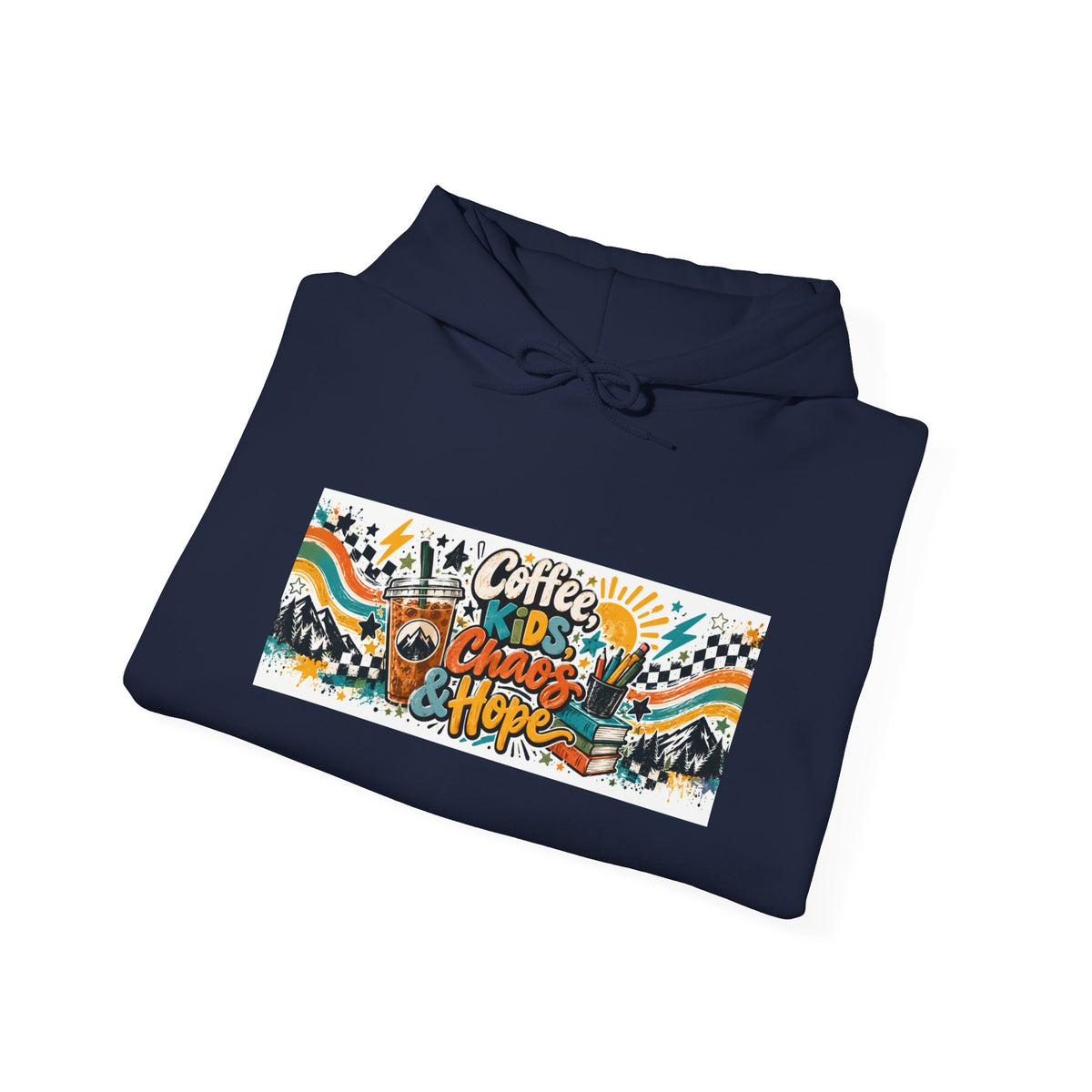 Coffee, Kids, Chaos & Hope Hoodie — Men/Women/, Teacher, Coach, Dad/Parent Retro Doodle Graphic Pullover