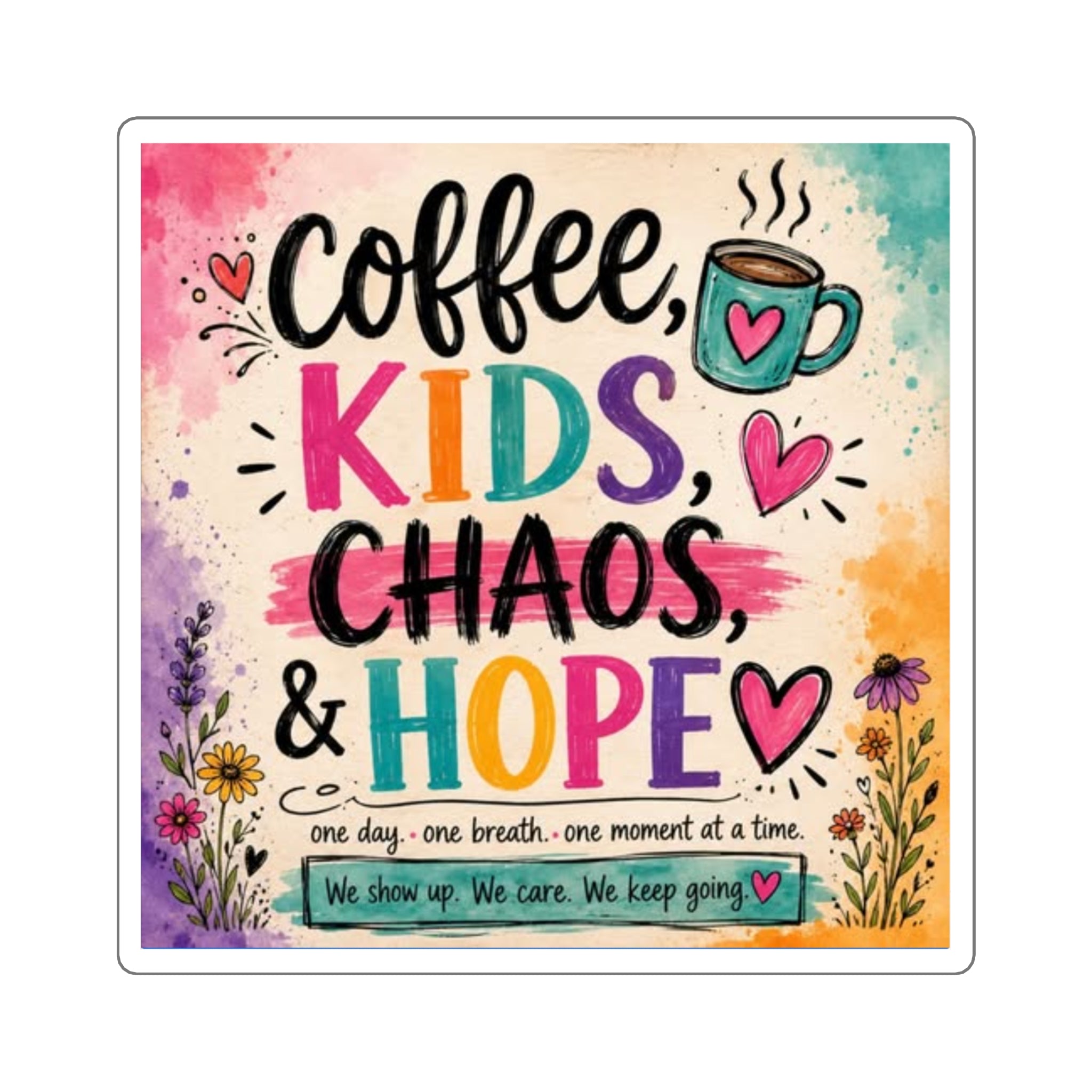 Coffee, Kids, Chaos & Hope Square Sticker — Colorful Teacher/Counselor/Parent-Life Decal