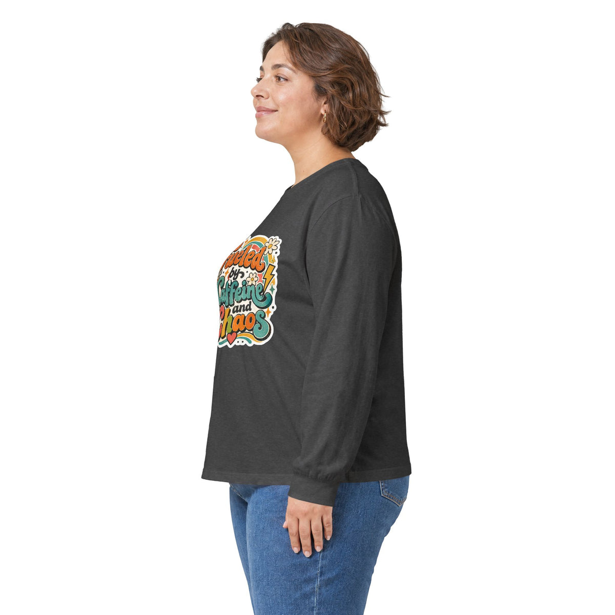 Fueled by Caffeine and Chaos Long Sleeve Tee for Teachers, Leaders, Moms, Chaos Coordinators