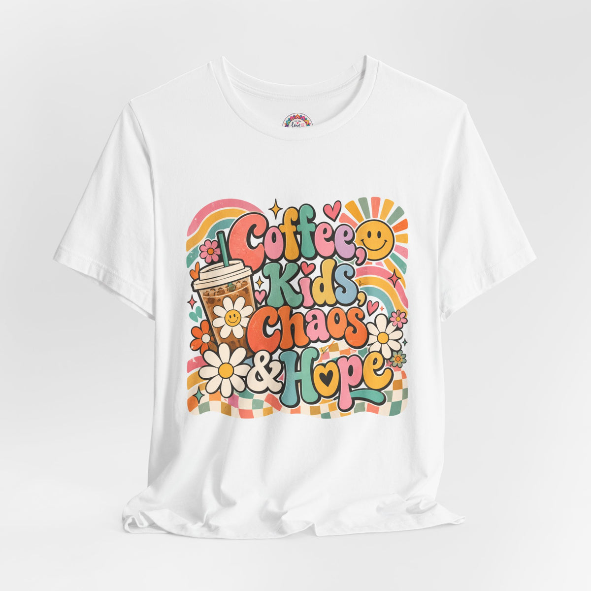 Coffee, Kids, Chaos & Hope Graphic Tee — Retro Floral Teacher/Counselor/School staff/Mom Shirt