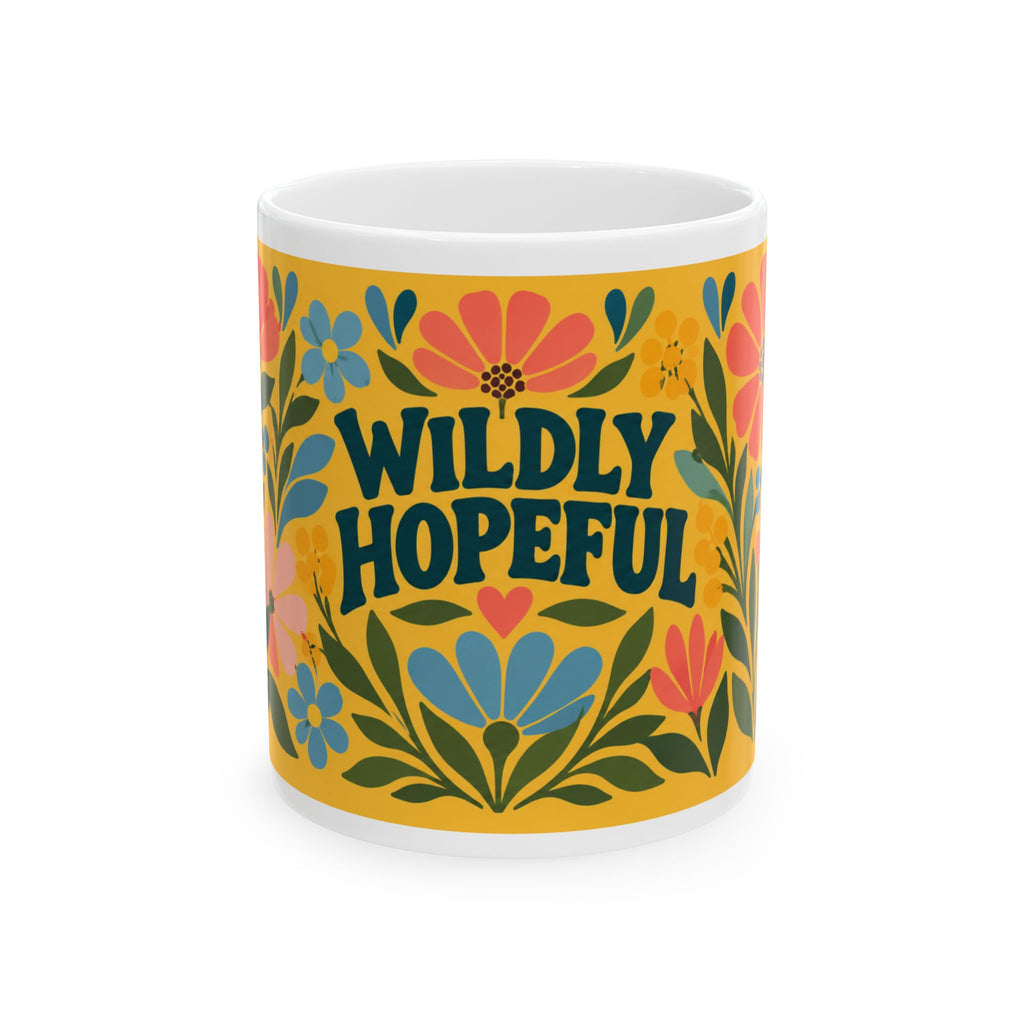 Wildly Hopeful Retro Floral Ceramic Mug — Inspirational Coffee Cup, Retro Wildflowers (11oz & 15oz)
