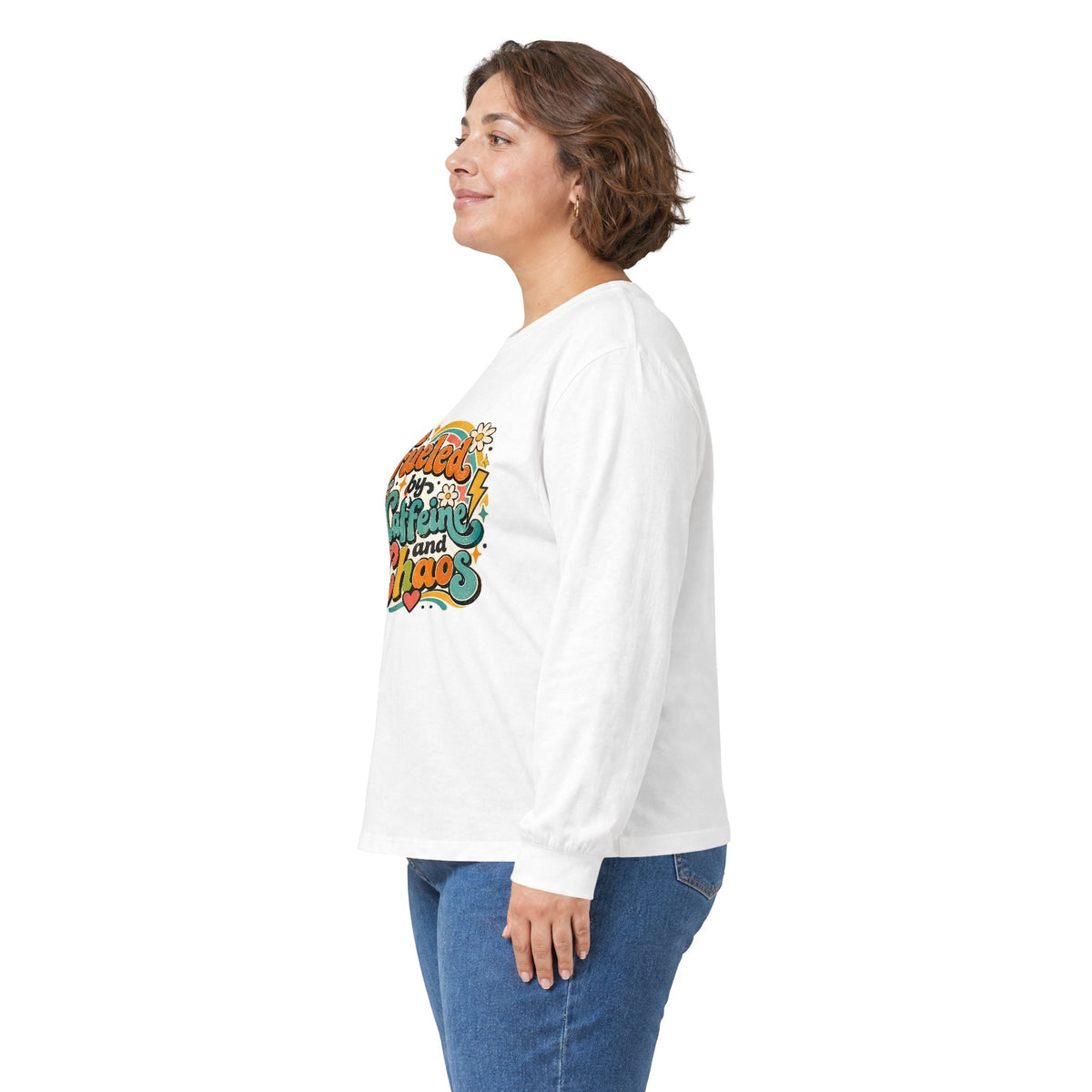 Fueled by Caffeine and Chaos Long Sleeve Tee for Teachers, Leaders, Moms, Chaos Coordinators