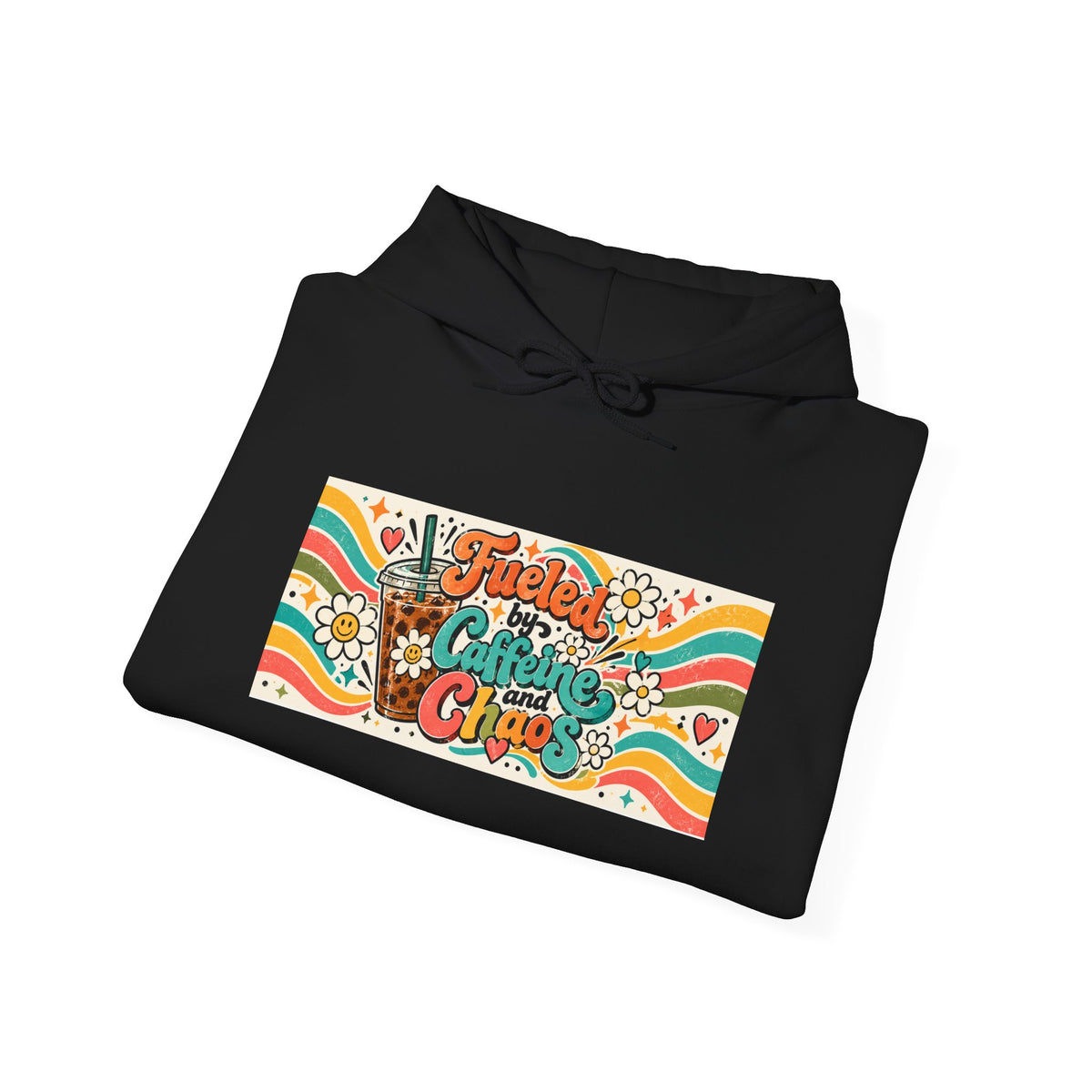 “Fueled by Caffeine and Chaos” Retro Foodie Graphic Hoodie for Teachers, Moms, Leaders, Chaos Coordinators