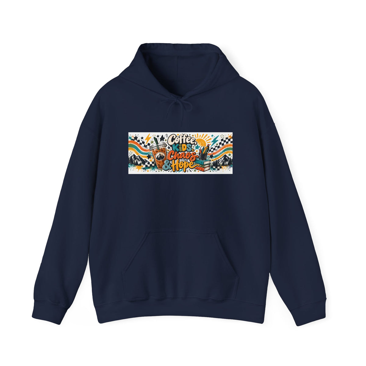 Coffee, Kids, Chaos & Hope Hoodie — Men/Women/, Teacher, Coach, Dad/Parent Retro Doodle Graphic Pullover