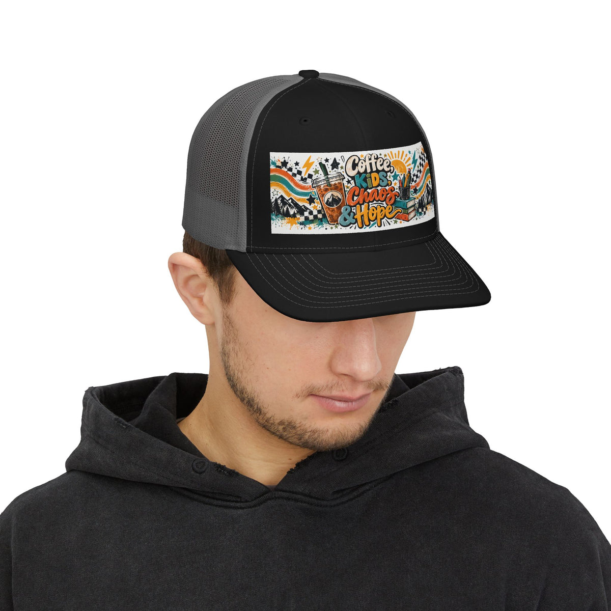 Coffee, Kids, Chaos & Hope Snapback Trucker Cap — Retro Camping Vibes