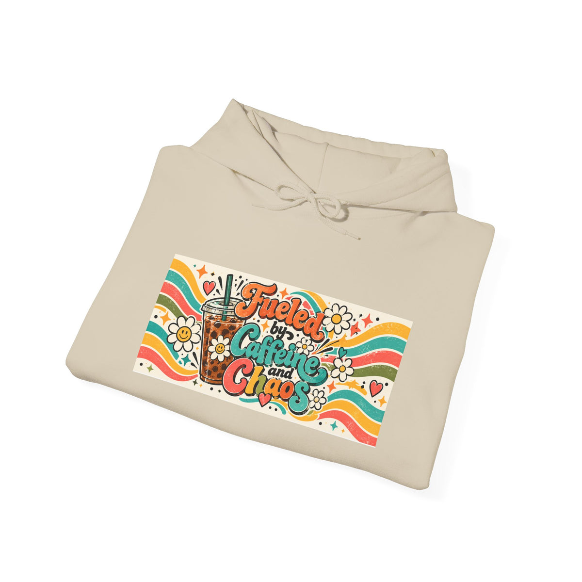 “Fueled by Caffeine and Chaos” Retro Foodie Graphic Hoodie for Teachers, Moms, Leaders, Chaos Coordinators